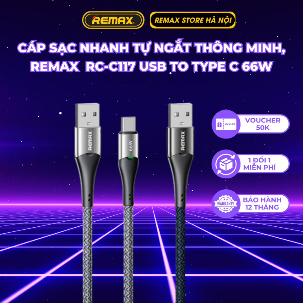 Cáp sạc nhanh tự ngắt Remax RC-C117 66W, có đèn led USB to Type C ...