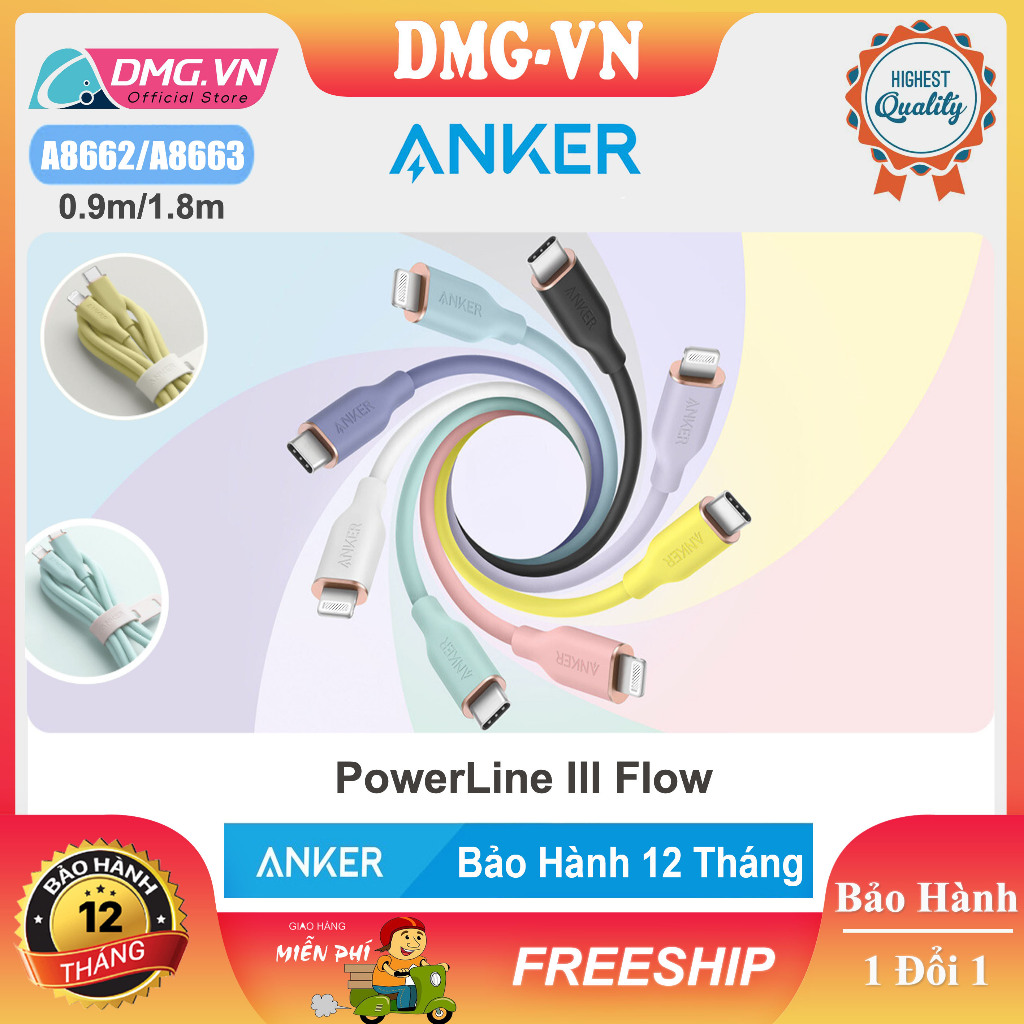 Cáp sạc Anker A8662 0.9m/A8663 1.8m Power Line III Flow USB-C to L ...