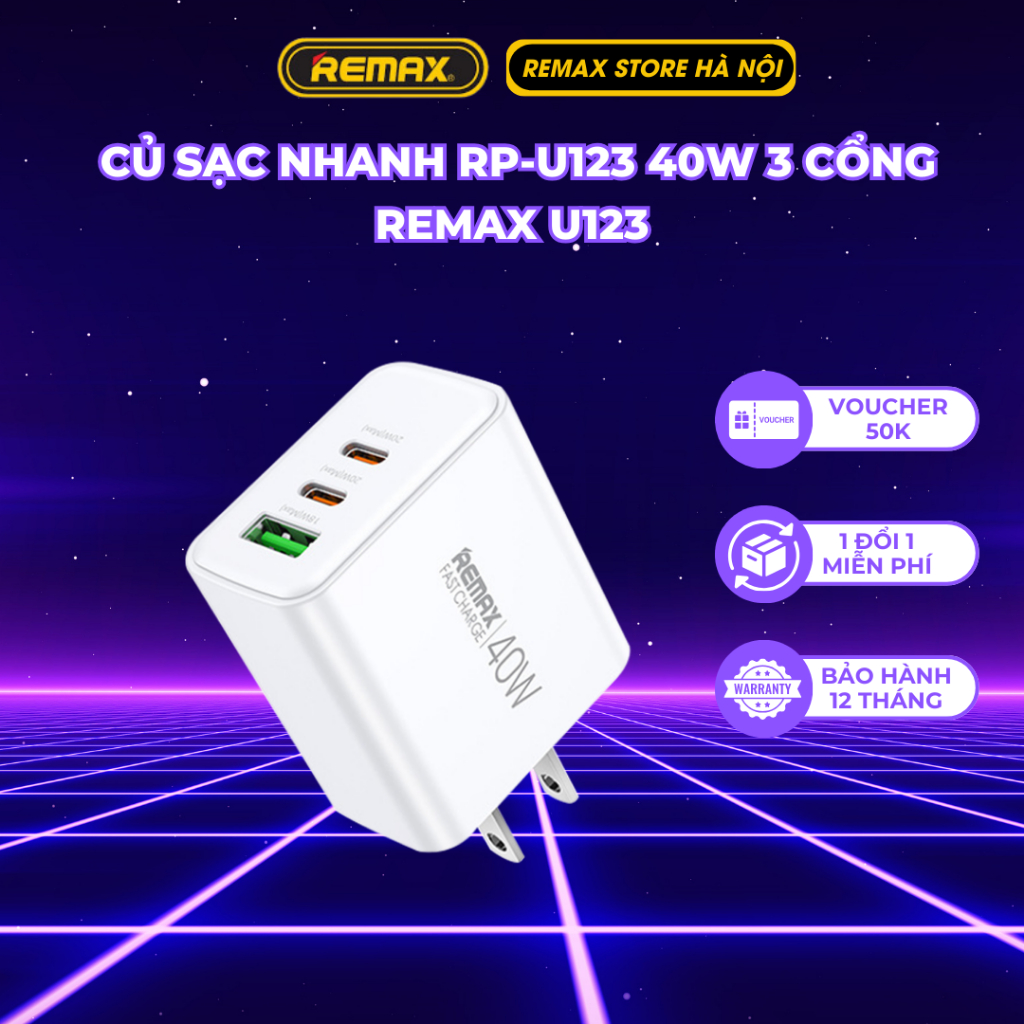 (CHÍNH HÃNG) Cốc sạc nhanh 40W Remax RP-U123, Củ Sạc Nhanh 40W 3 Cổng ...