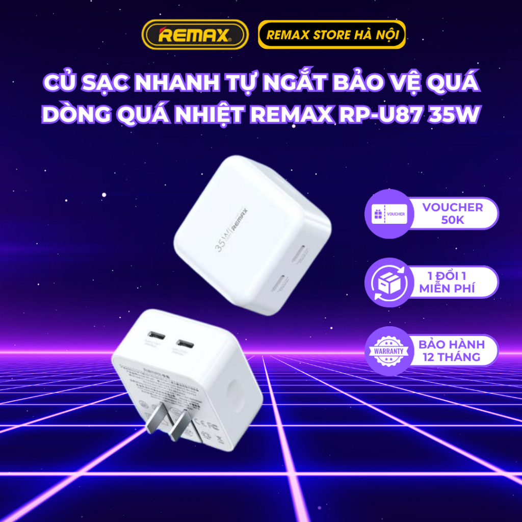 Củ sạc nhanh Remax RP-U87 35W PD+PQ tự ngắt bảo vệ quá dòng quá nhiệt ...