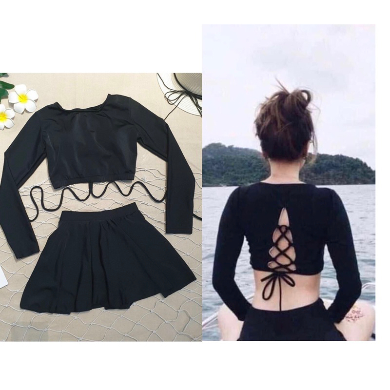 Đồ bơi đi biển 👙[SIZE M L XL] 2 mảnh kính đáo trẻ trung áo croptop có sẵn mút ngực kèm chân váy có quần trong