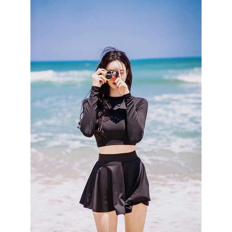 Đồ bơi đi biển 👙[SIZE M L XL] 2 mảnh kính đáo trẻ trung áo croptop có sẵn mút ngực kèm chân váy có quần trong