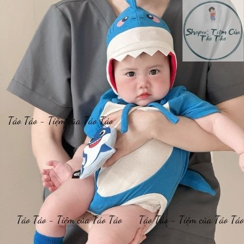 Deal Giảm 10% - Ship Hỏa Tốc Set bodysuit CÁ MẬP kèm mũ, túi đeo chéo, tặng tất xanh cover hàn cho bé 3-13kg đi biển