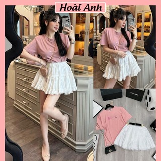 Set Bộ Đồ Nữ Áo Phông Hồng Thêu Mèo Ngắn Tay Mix Chân Váy Trắng Thô Mềm Viền Bèo Phối Ren Freesize