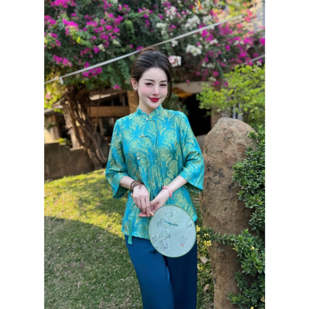 Set đồ lam đi chùa nữ cổ tàuTằm Thọ đính đá Pháp phục lễ chùa khuy dây tết Bộ đồ đi lễ tay lỡ lụa mềm mịn