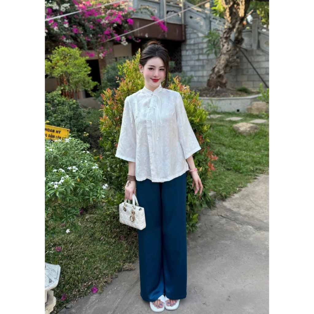 Set đồ lam đi chùa nữ cổ tàuTằm Thọ đính đá Pháp phục lễ chùa khuy dây tết Bộ đồ đi lễ tay lỡ lụa mềm mịn