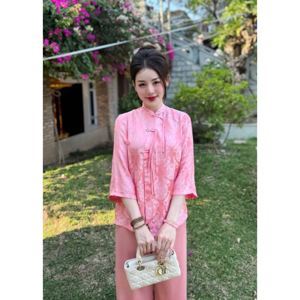 Set đồ lam đi chùa nữ cổ tàuTằm Thọ đính đá Pháp phục lễ chùa khuy dây tết Bộ đồ đi lễ tay lỡ lụa mềm mịn