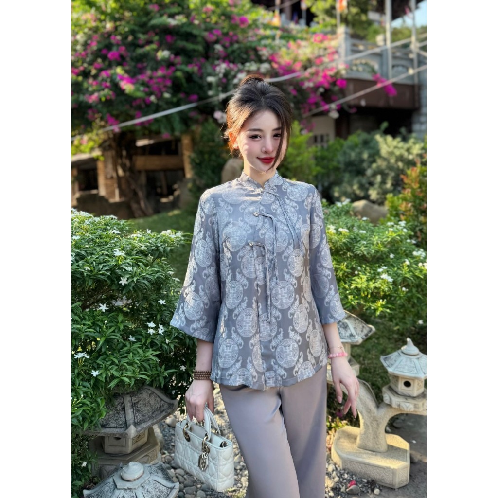 Set đồ lam đi chùa nữ cổ tàuTằm Thọ đính đá Pháp phục lễ chùa khuy dây tết Bộ đồ đi lễ tay lỡ lụa mềm mịn