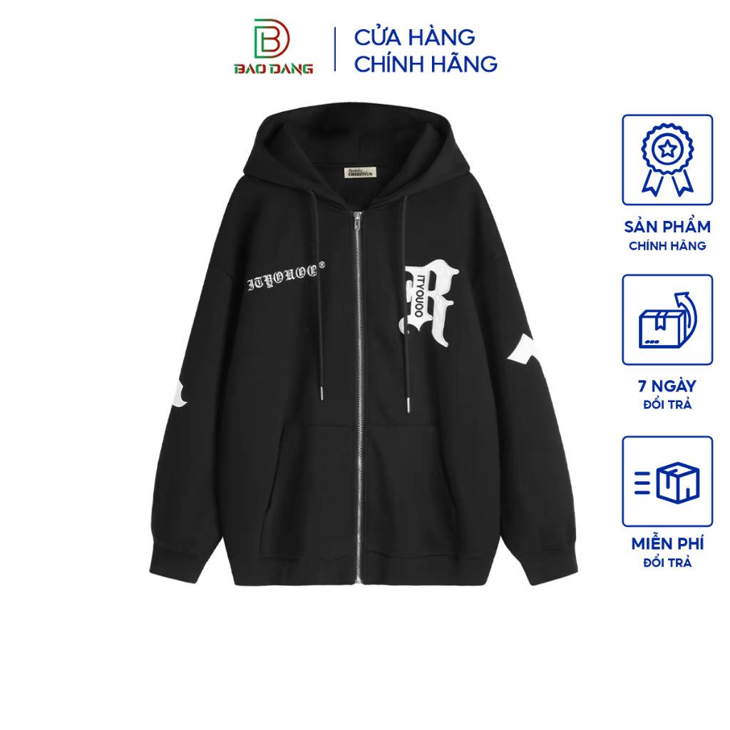 Áo khoác hoodie dây kéo chất liệu nỉ bông họa tiết chữ r from rộng họa ...