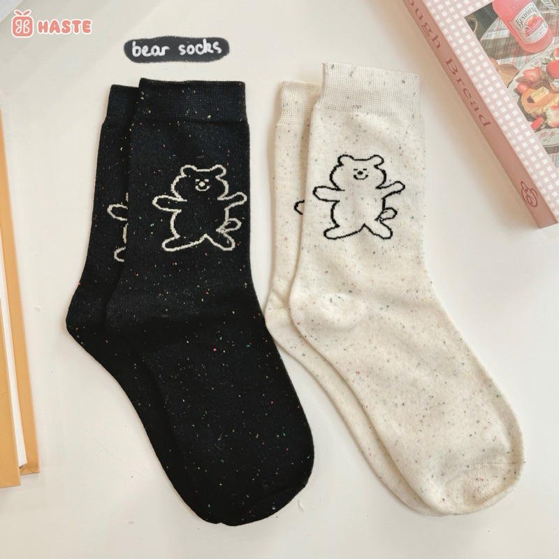Tất Vớ Nam Nữ Cổ Cao Tone Trung Tính Thêu Hình Gấu Dễ Thương Phong Cách Hàn Quốc Chất Cotton Mềm Mại Thoáng Mát