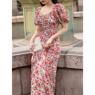 Đầm maxi hoa voan nhún ngực tay bo chun A1523