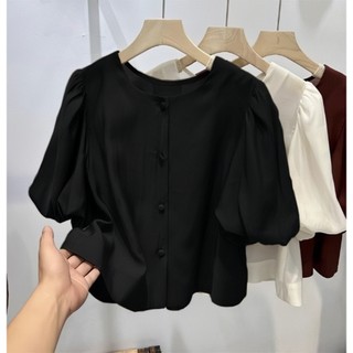 Áo kiểu nữ cổ tròn tay phồng che khuyết điểm chất liệu đũi mềm mịn SP16