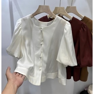 Áo kiểu nữ cổ tròn tay phồng che khuyết điểm chất liệu đũi mềm mịn SP16