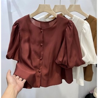 Áo kiểu nữ cổ tròn tay phồng che khuyết điểm chất liệu đũi mềm mịn SP16