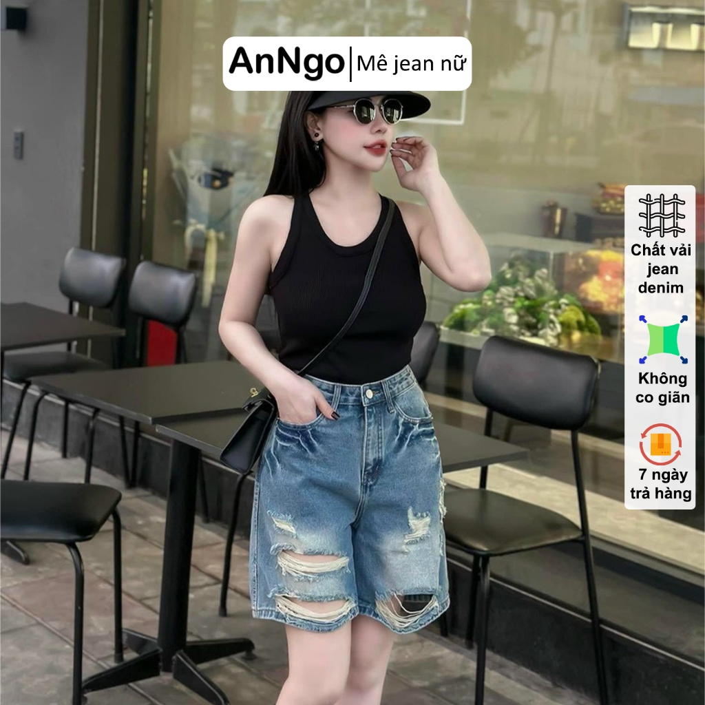 Quần jean ngố nữ ống rộng rách nhẹ, chất jean denim không co giãn dày dặn, cực xinh Anngo - AT422