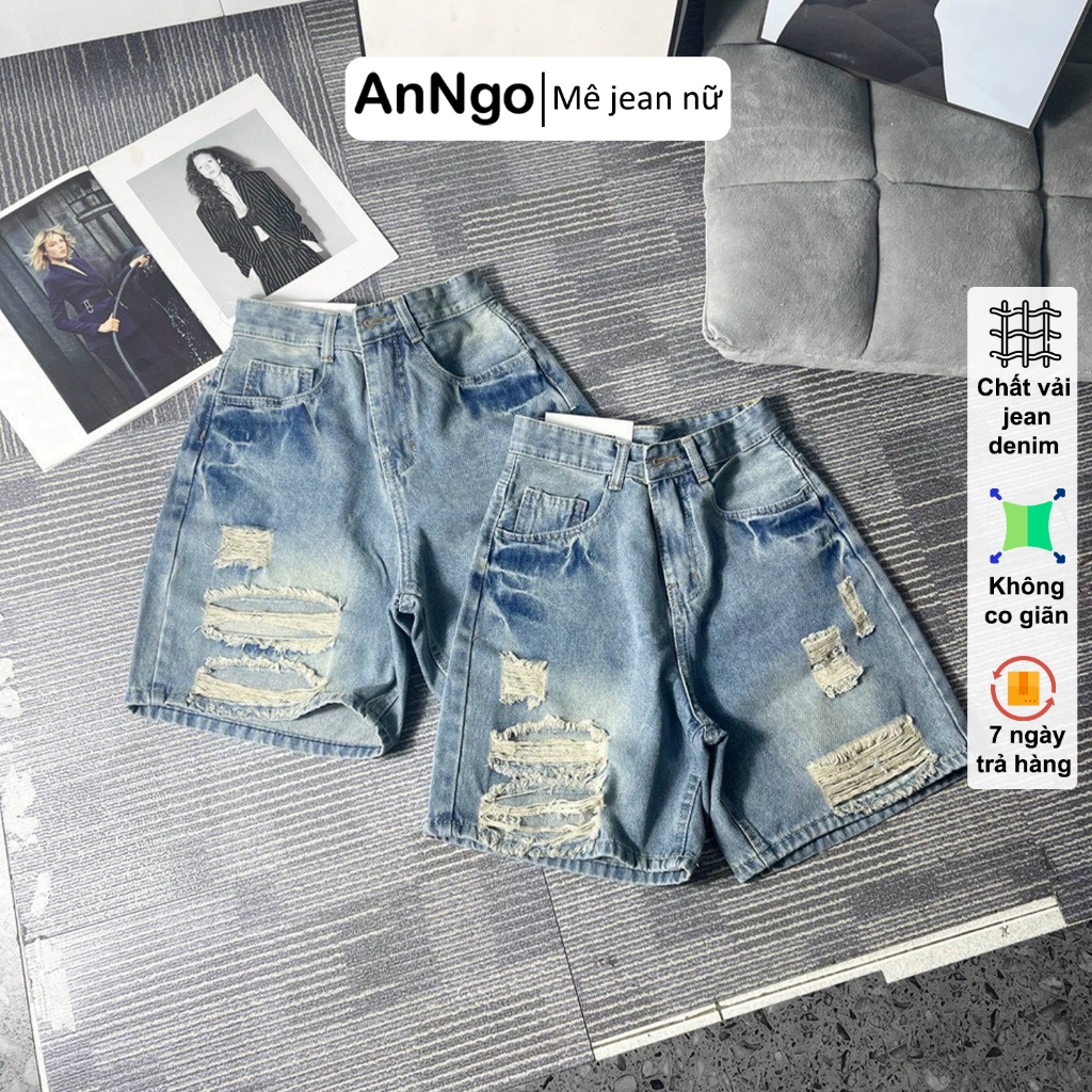 Quần jean ngố nữ ống rộng rách nhẹ, chất jean denim không co giãn dày dặn, cực xinh Anngo - AT422