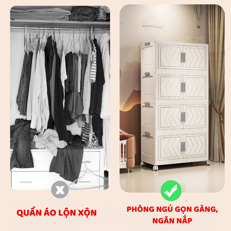Tủ Nhựa Gấp Gọn ENODA HOME Đựng Đồ Đa Năng, Màu Trắng Trang Nhã Cho Phòng Ngủ TUN047
