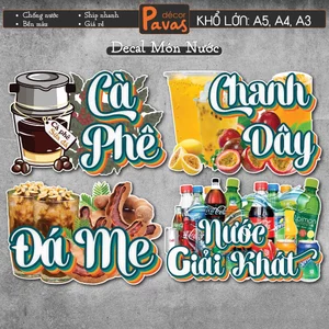 Decal Món Nước Vintage trang trí quán, dán tường cà phê, trà sữa, đá me, chanh dây, nước dừa. TTQ10