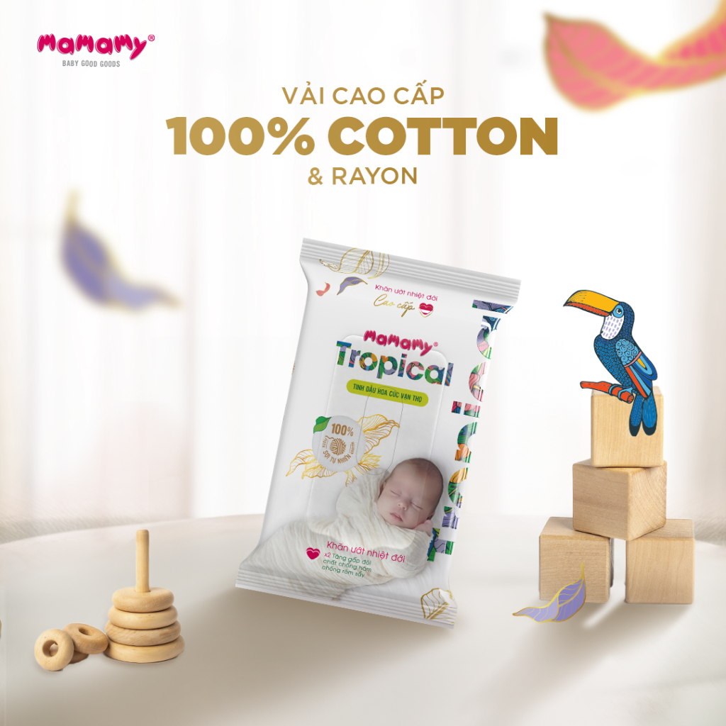 Ảnh Khăn ướt cao cấp cho bé Mamamy Tropical lốc 10 gói mini 10 tờ 100% sợi tự nhiên và rayon ngừa hăm, mềm dai sạch cực 2