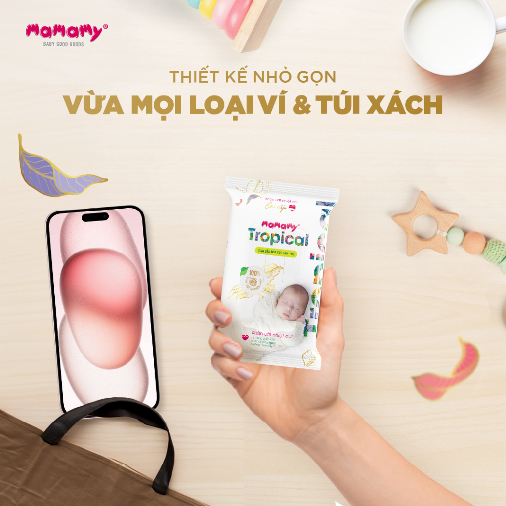 Ảnh Khăn ướt cao cấp cho bé Mamamy Tropical lốc 10 gói mini 10 tờ 100% sợi tự nhiên và rayon ngừa hăm, mềm dai sạch cực 4