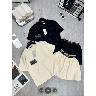 Set Bộ Đồ Nữ Mì Đá Áo Phông Cổ V Miumiu Ngắn Tay Mix Chân Váy Cạp Bo Dệt Freesize