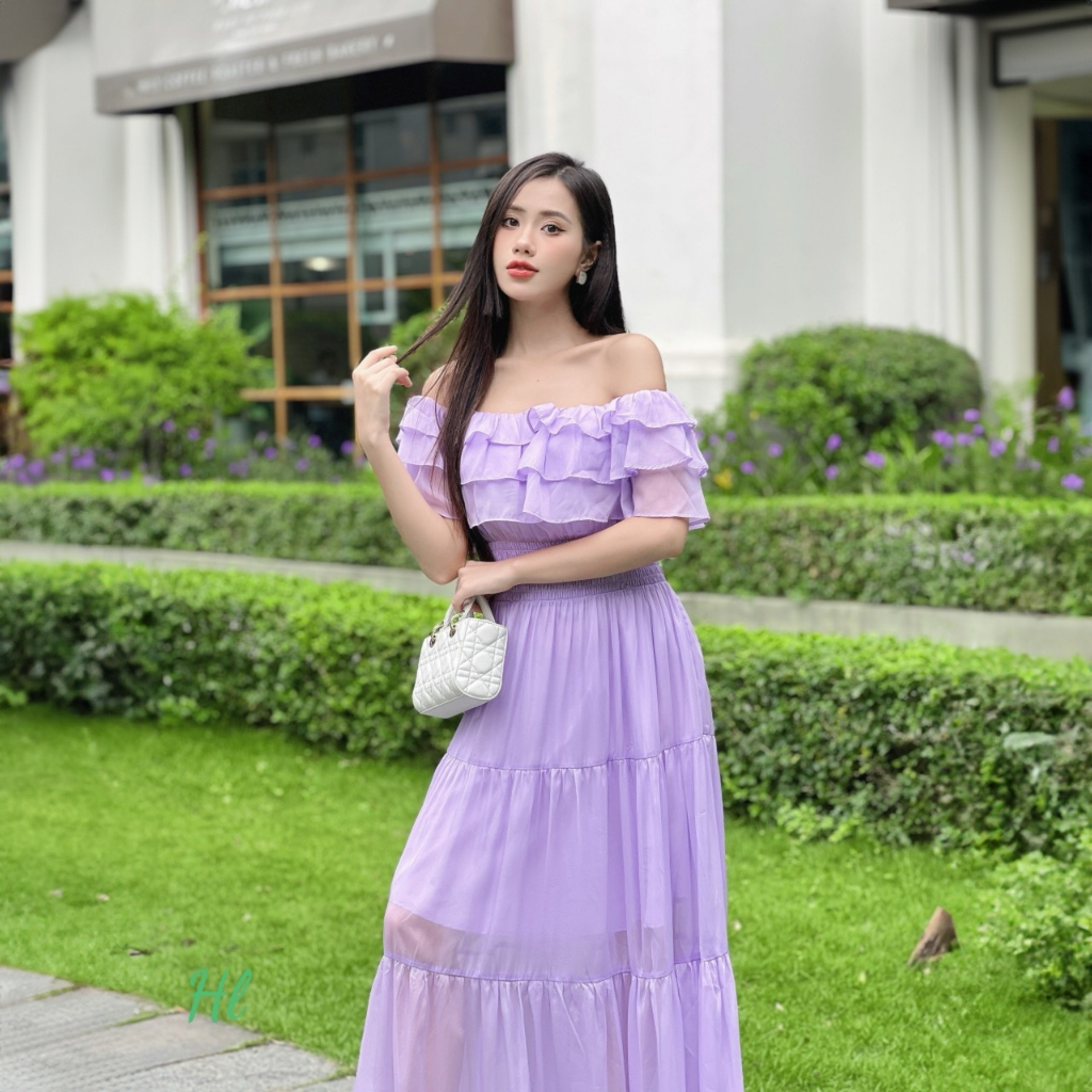 Maxi trễ vai đi biển đầm xòe thắt vai sang chảnh đi biển đi chơi hội nhóm đẹp