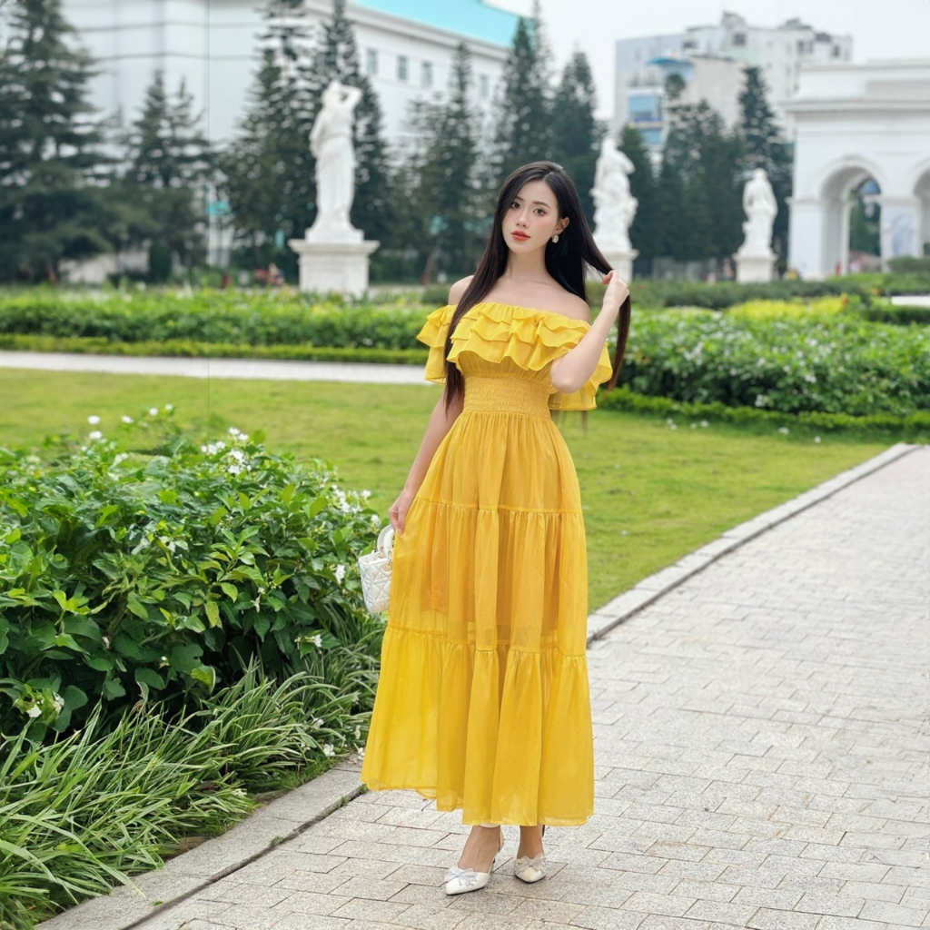 Maxi trễ vai đi biển đầm xòe thắt vai sang chảnh đi biển đi chơi hội nhóm đẹp