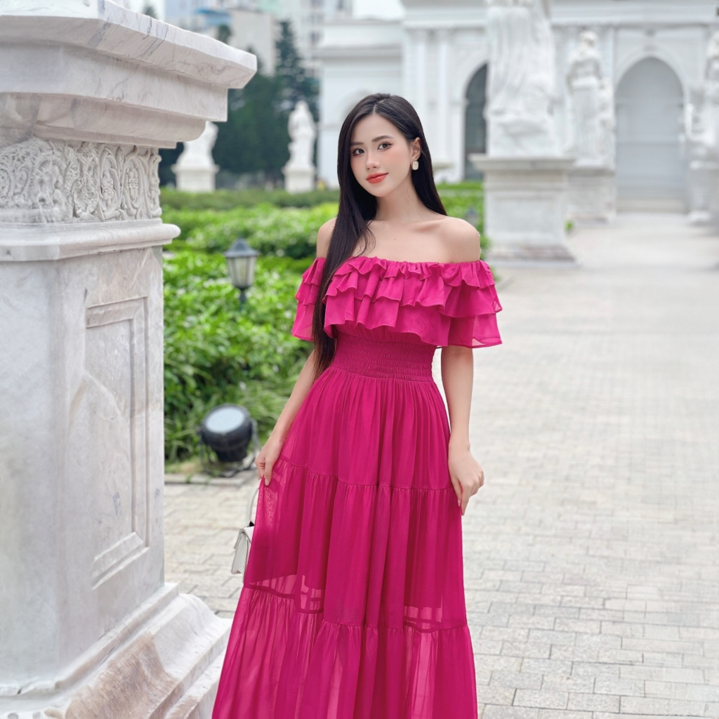 Maxi trễ vai đi biển đầm xòe thắt vai sang chảnh đi biển đi chơi hội nhóm đẹp