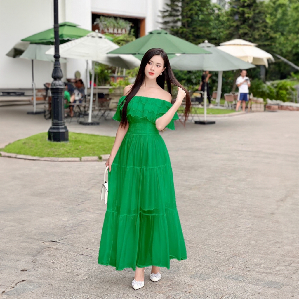 Maxi trễ vai đi biển đầm xòe thắt vai sang chảnh đi biển đi chơi hội nhóm đẹp
