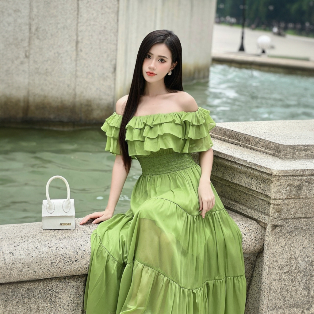 Maxi trễ vai đi biển đầm xòe thắt vai sang chảnh đi biển đi chơi hội nhóm đẹp