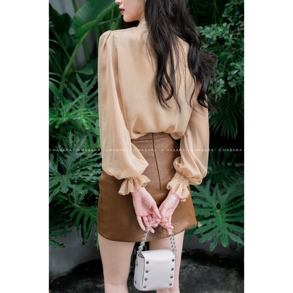 Áo MASARA tơ gân mềm mại màu nude cột nơ