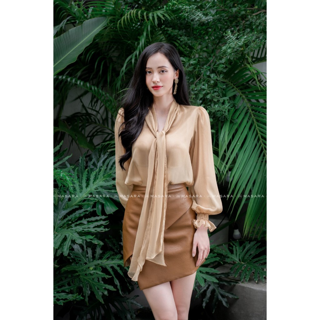 Áo MASARA tơ gân mềm mại màu nude cột nơ