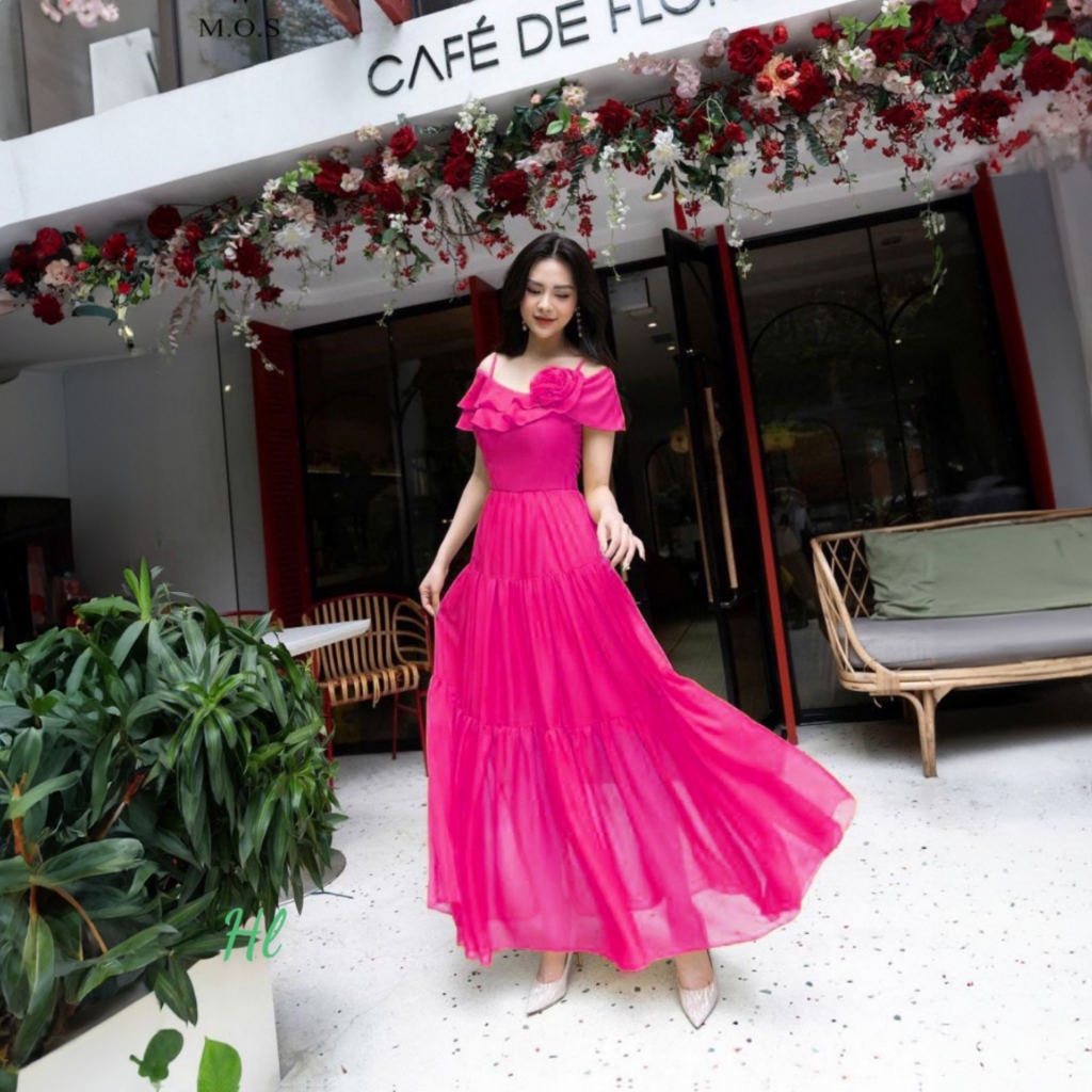 Váy Maxi Trễ Vai Thiết Kế Cài Hoa Dáng Xòe Phong Cách Đi Biển Du Lịch