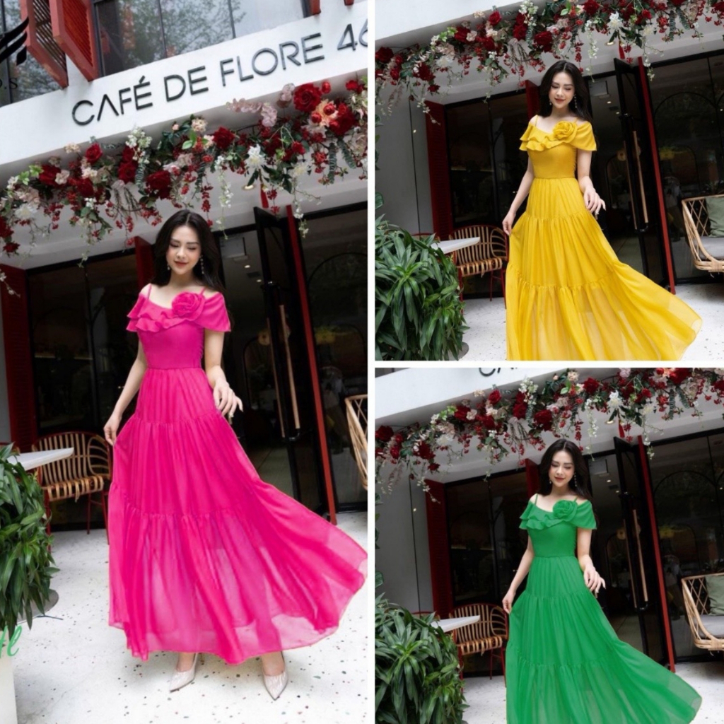 Váy Maxi Trễ Vai Thiết Kế Cài Hoa Dáng Xòe Phong Cách Đi Biển Du Lịch