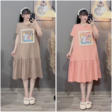 Váy Babydoll , Váy Bầu Babydoll in hình gấu nhỏ, chất cotton mềm mại, thoáng khí, co dãn tốt