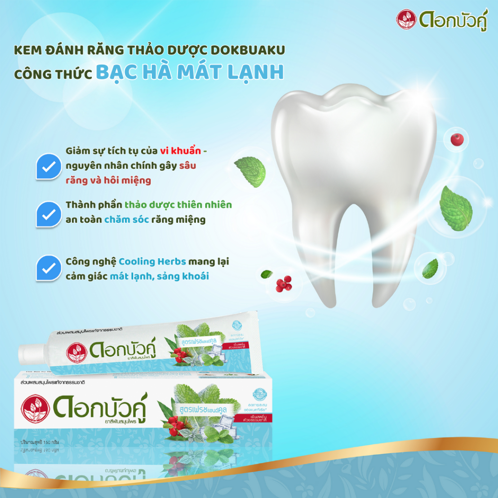 Kem Đánh Răng Thảo Dược Dokbuaku Thái Lan Hương Truyền Thống & Hương Bạc Hà Mát Lạnh 25g,150g