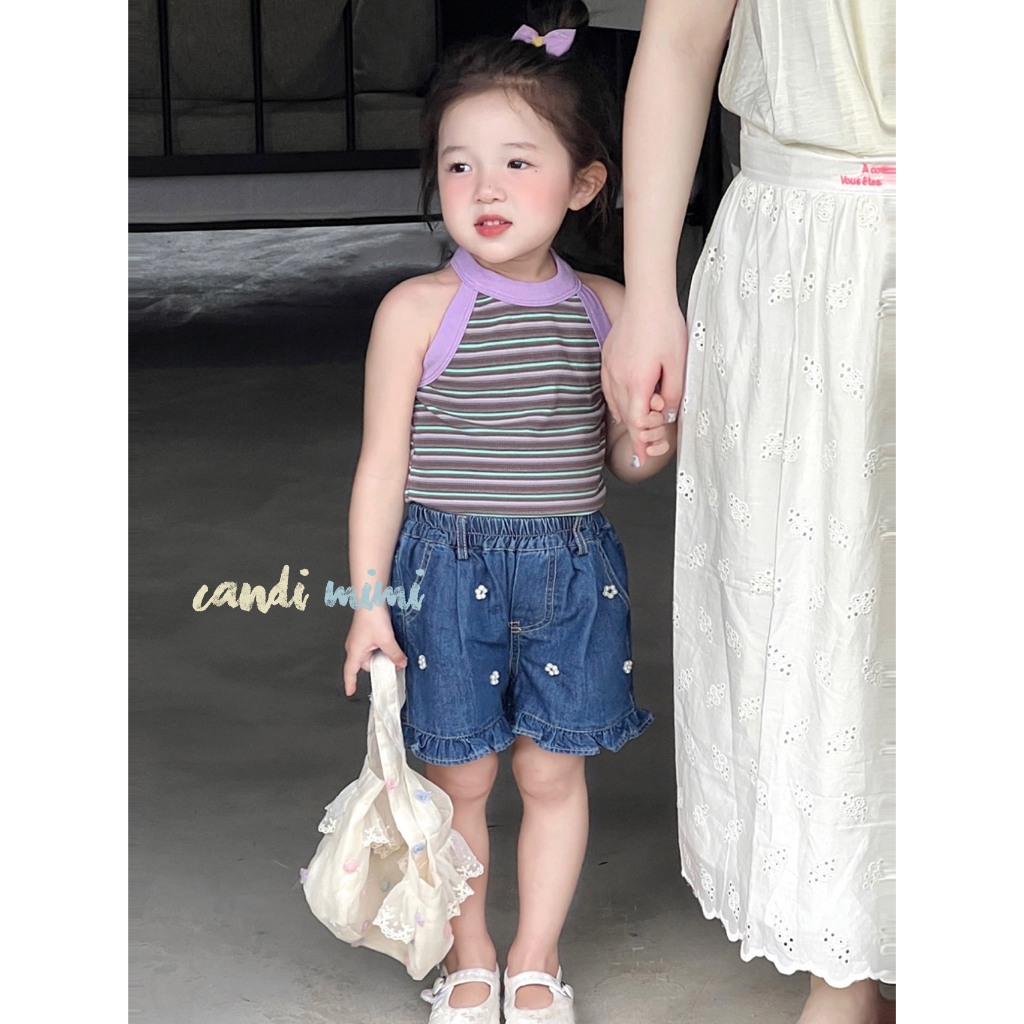 CANDIMIMI Quần Sooc Denim Cotton Đính Ngọc Trai Mềm Mát Cho Bé Gái -  Phong Cách Hàn Quốc