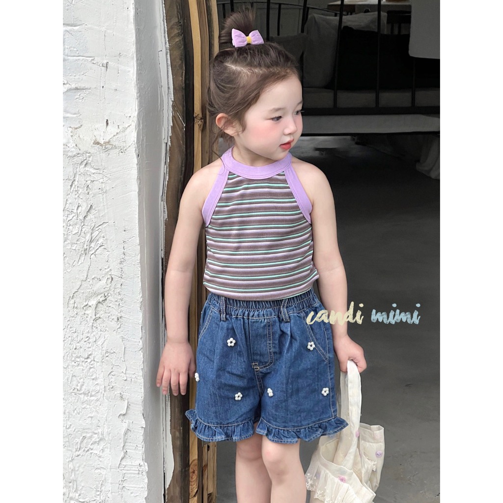 CANDIMIMI Quần Sooc Denim Cotton Đính Ngọc Trai Mềm Mát Cho Bé Gái -  Phong Cách Hàn Quốc
