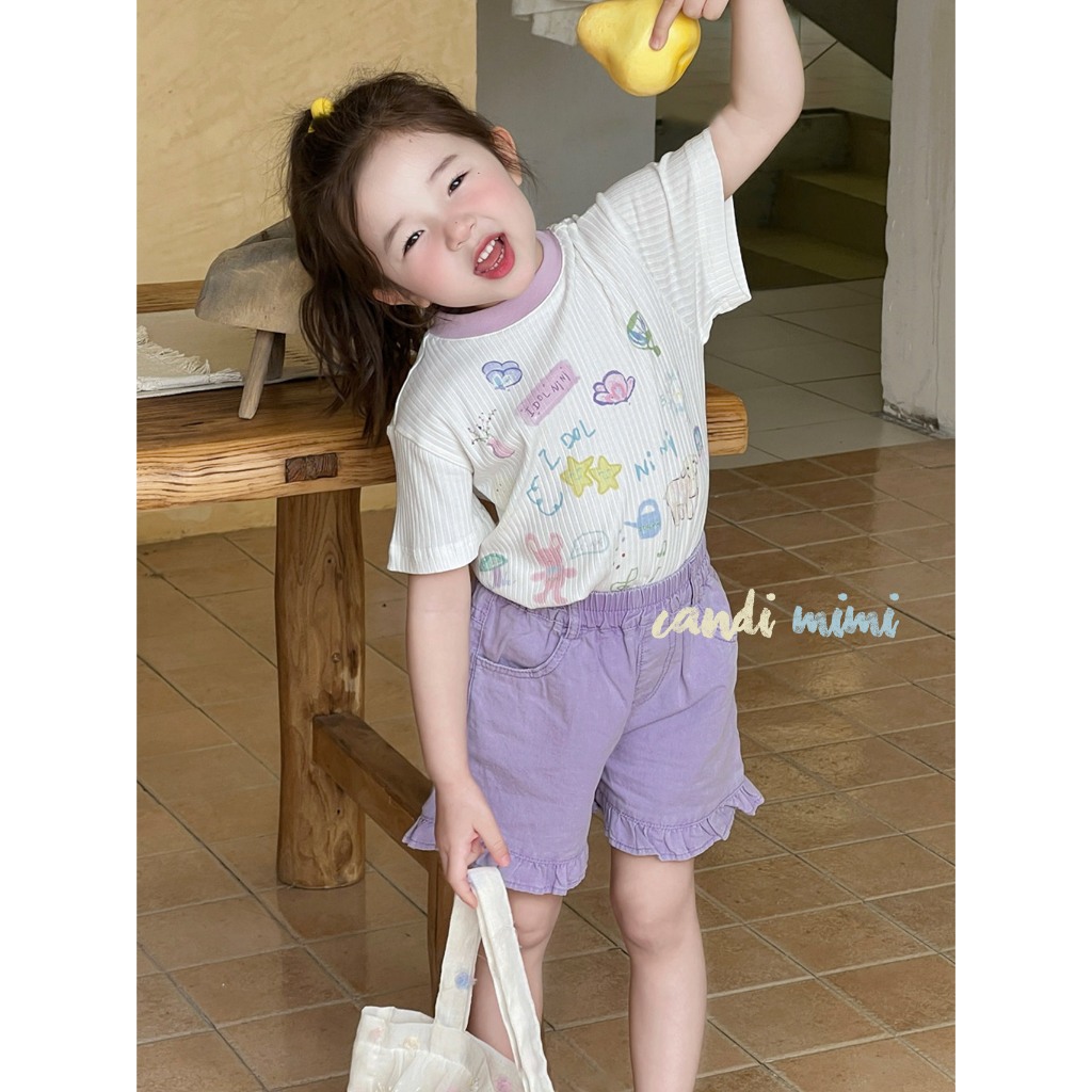 CANDIMIMI Áo Phông Cotton Gân Dọc In Hình Dễ Thương Mềm Mát Cho Bé Gái -  Phong Cách Hàn Quốc
