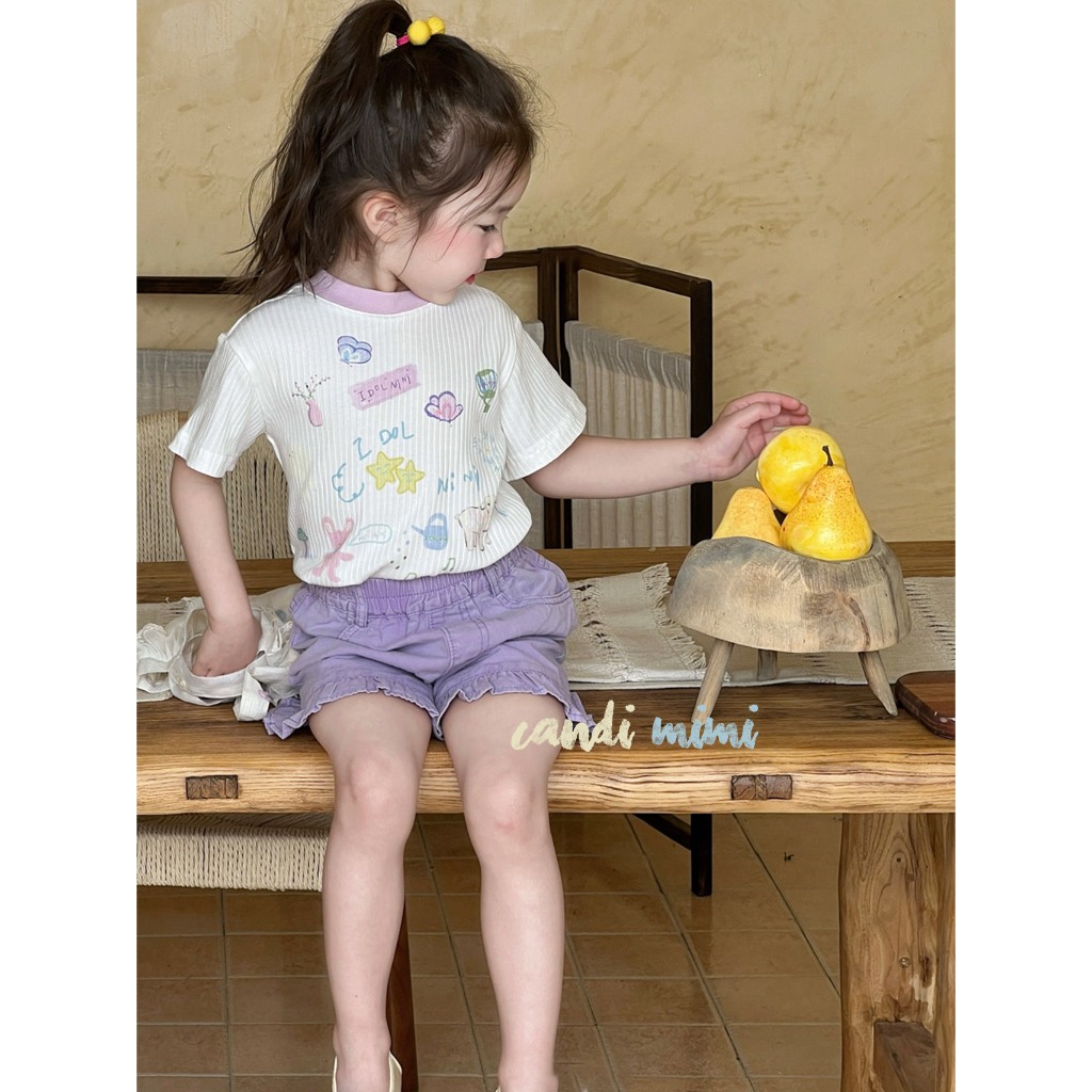 CANDIMIMI Áo Phông Cotton Gân Dọc In Hình Dễ Thương Mềm Mát Cho Bé Gái -  Phong Cách Hàn Quốc