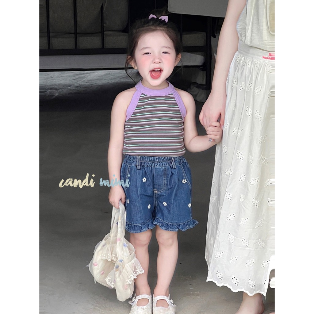 CANDIMIMI Quần Sooc Denim Cotton Đính Ngọc Trai Mềm Mát Cho Bé Gái -  Phong Cách Hàn Quốc