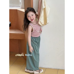 CANDIMIMI Áo Thun Cotton Sát Nách Cổ Viền Hoa Mềm Mại Cho Bé Gái - Phong Cách Hàn Quốc