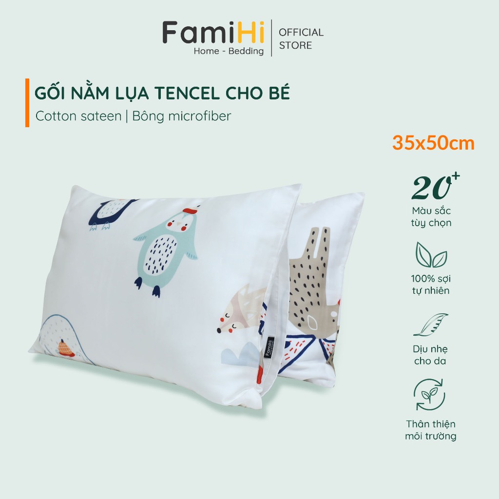 Vỏ gối lụa tencel 35x50 cm cho bé trai bé gái FamiHi cao cấp, bao áo gối trẻ em 100% lyocell thiên nhiên mịn mát