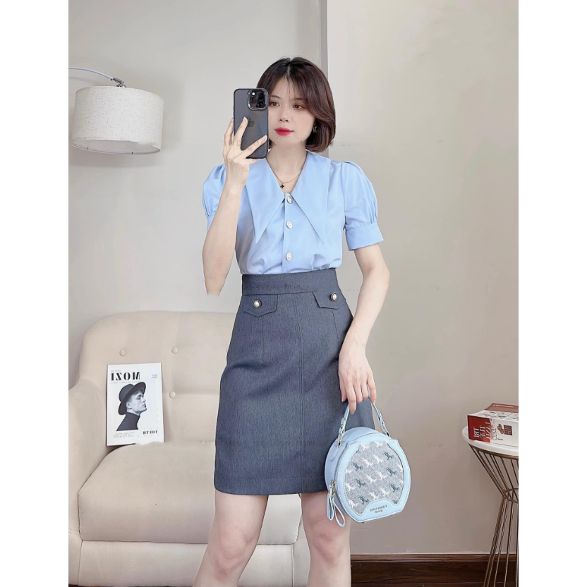Chân Váy Chữ A Công Sở Phối Nắp Giả Túi_Dài Váy 50cm_Chất Liệu Vitex Loại 1_CV108