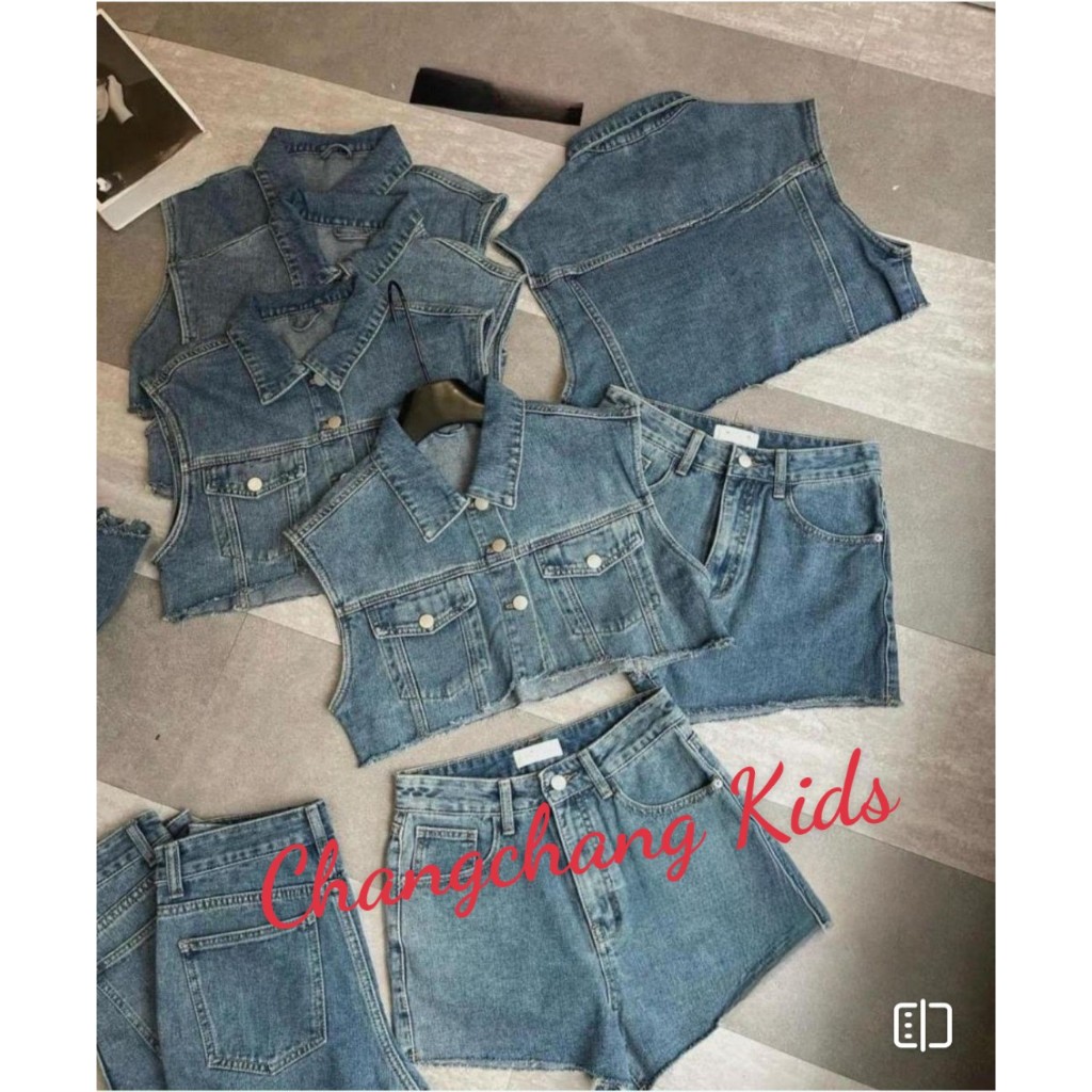 Sét bộ jean áo croptop quần đùi cho bé chất vải co giãn phù hợp cho mẹ và bé size 15-55kg