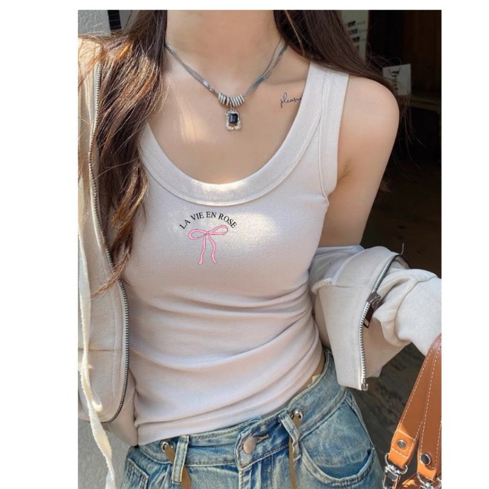 Áo ba lô cổ rộng dáng ôm In hình Nơ JULY, Áo ba lỗ chất gân tăm lụa mềm mại, co giãn 4 chiều.