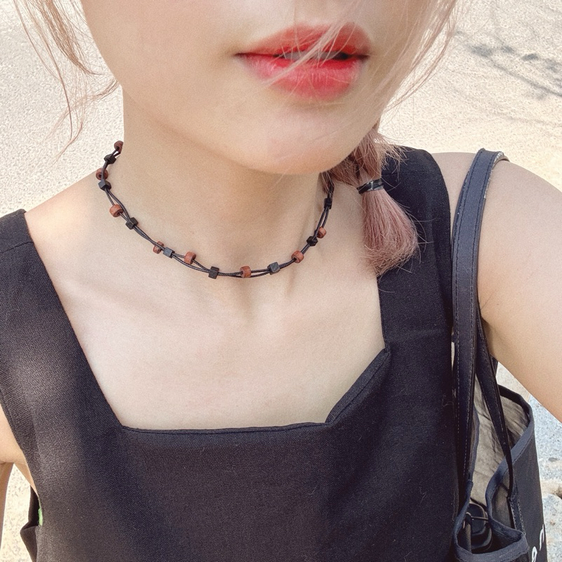 Set vòng Kai - Vòng tay, vòng cổ / dây chuyền đan hạt gỗ thủ công vintage