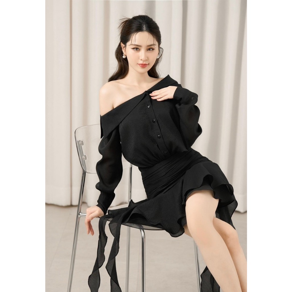 LASY | Đầm Lệch Vai Xoè Tua Rua Dáng Ngắn Thời Trang Hot Trend - P0867