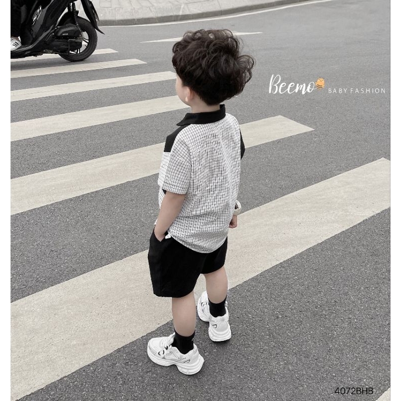 (Beemo chính hãng) Set somi đũi kẻ phối quần short bé trai (9-25kg)