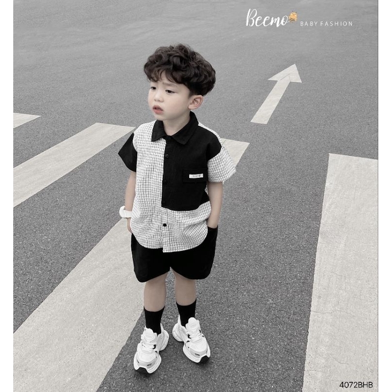 (Beemo chính hãng) Set somi đũi kẻ phối quần short bé trai (9-25kg)